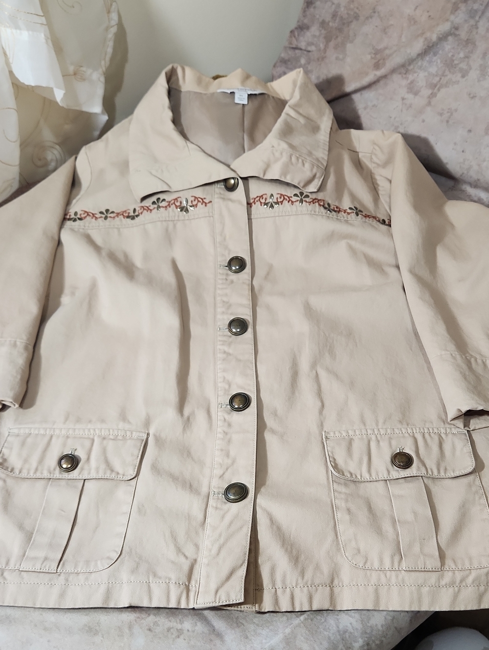 breckenridge Beige Utility Jacket with Embroidered Trim